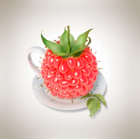 Raspberry tea cup. Healthy food. Raspberry drinkの写真素材