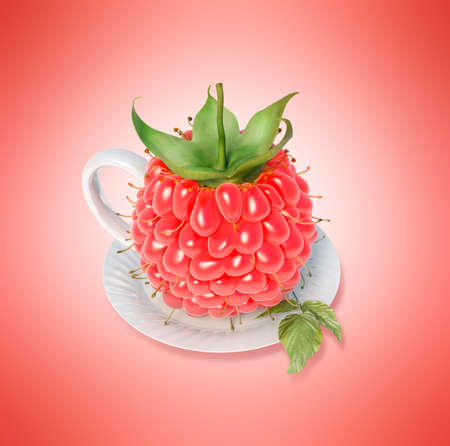 Raspberry tea cup. Healthy food. Raspberry drinkの写真素材
