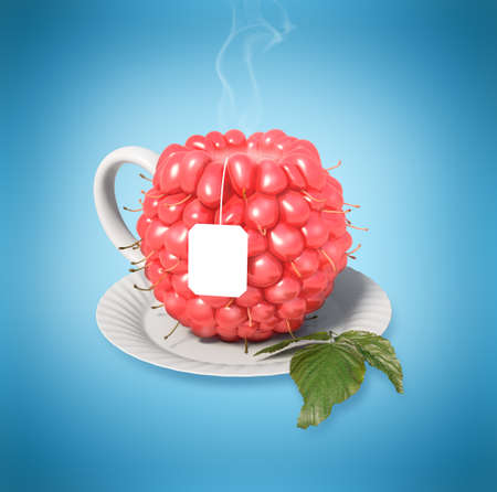 Raspberry tea cup. Healthy food. Raspberry drinkの写真素材
