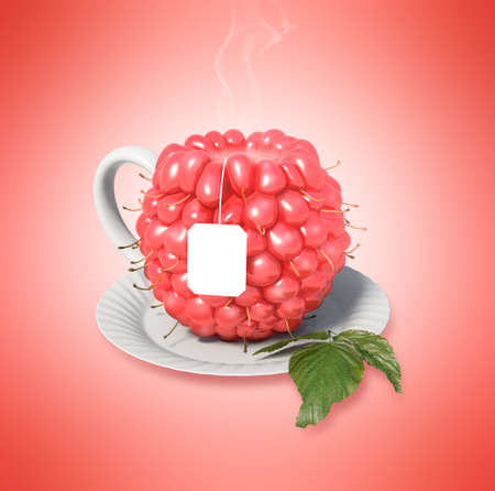 Raspberry tea cup. Healthy food. Raspberry drinkの写真素材