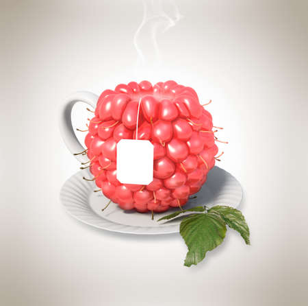 Raspberry tea cup. Healthy food. Raspberry drinkの写真素材