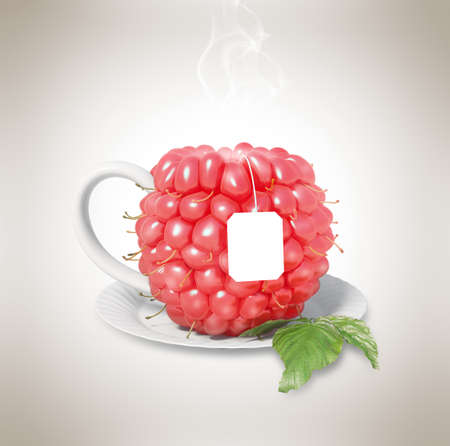 Raspberry tea cup. Healthy food. Raspberry drinkの写真素材