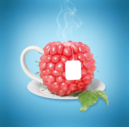 Raspberry tea cup. Healthy food. Raspberry drinkの写真素材