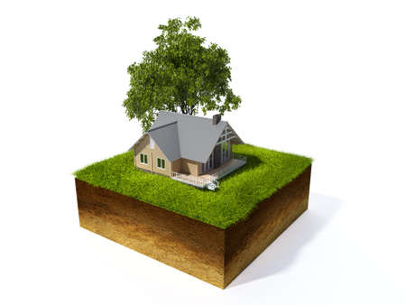 3d illustration of cross section of ground with grass isolated on whiteの写真素材