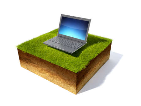 3D render grass field and notebookの写真素材