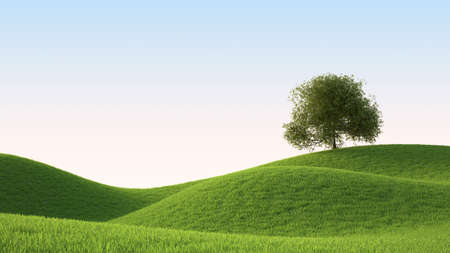 green grass field , ideal landscape 3D renderの写真素材