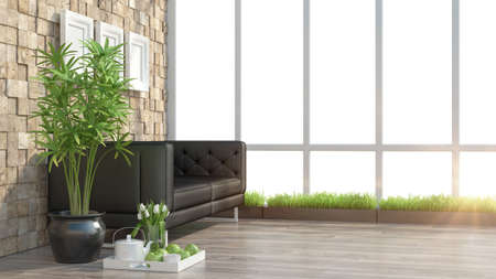 Render modern interior with sofa and a large window