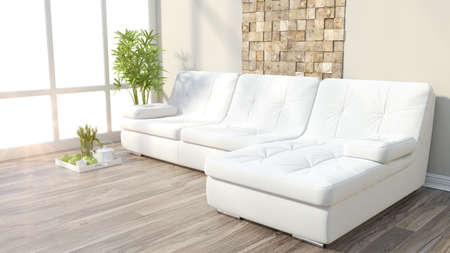 Render modern interior with sofa and a large windowの写真素材