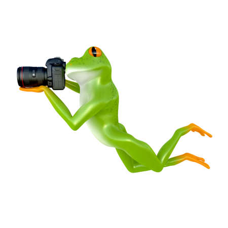 Tropical frog posing with a camera, isolated on white backgroundの写真素材
