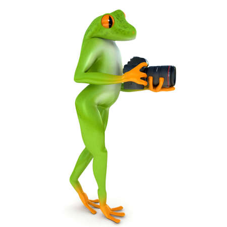Tropical frog posing with a camera, isolated on white backgroundの写真素材