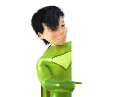 3d man - brave superhero with blank board. Isolated on whiteの写真素材