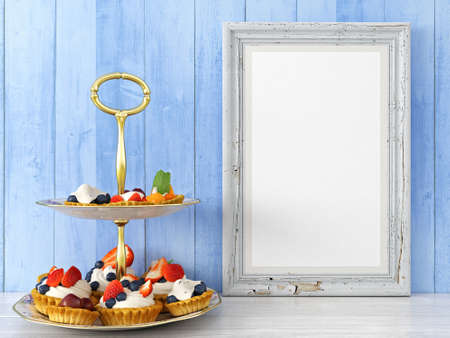 Empty modern style frame on composition wall as concept