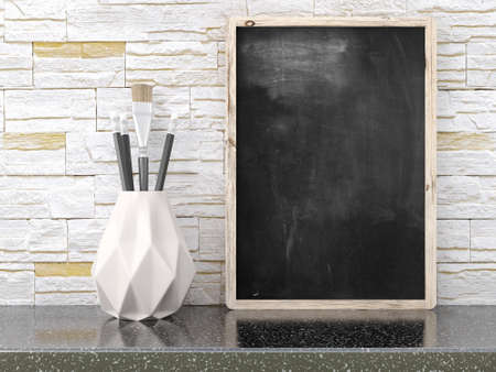 Empty black chalkboard on composition wall as concept 3D renderの写真素材