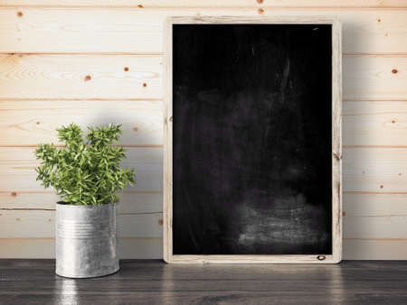 Empty black chalkboard on composition wall as concept 3D render