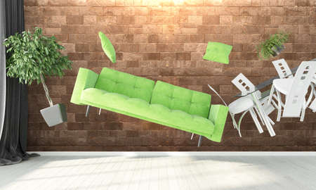 Bright modern interior with flying furniture . 3D renderの写真素材