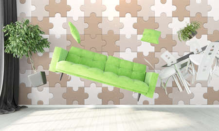 Bright modern interior with flying furniture . 3D renderの写真素材