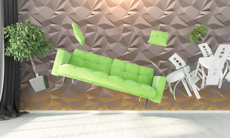 Bright modern interior with flying furniture . 3D renderの写真素材
