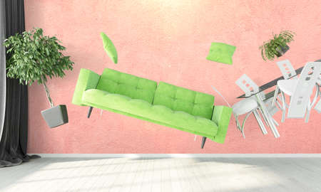 Bright modern interior with flying furniture . 3D renderの写真素材