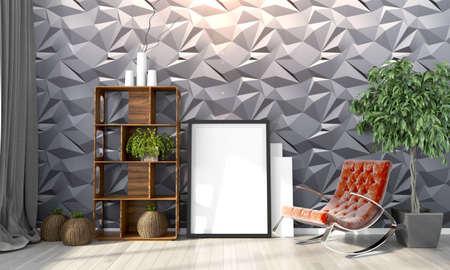 Bright interior with frame in a modern style . 3D render