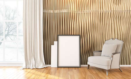 Bright interior with frame in a modern style . 3D render