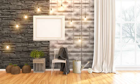 Bright interior with frame in a modern style . 3D render