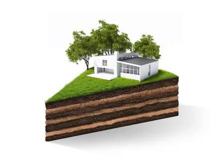 3d illustration of cross section of ground with grass isolated on white. 3D rendering