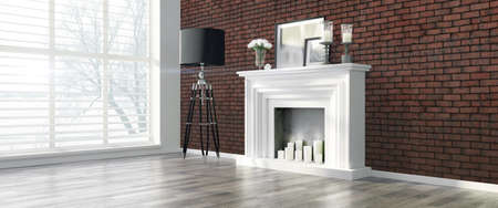 Bright interior with fireplace in a modern style . 3D renderの写真素材