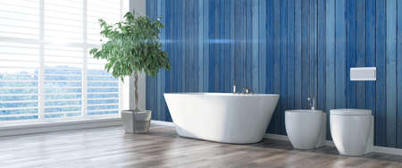 Bright interior with bath in a modern style . 3D renderの写真素材