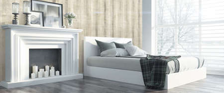 Bright interior with fireplace in a modern style . 3D renderの写真素材