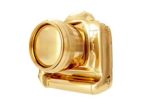 Golden camera isolated on white background. 3D renderingの写真素材