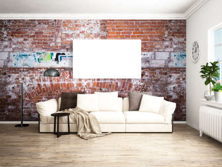 Bright interior with sofa in a modern style . 3D renderingの写真素材