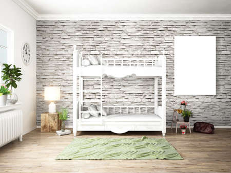 Bright interior with bed in a modern style . 3D renderingの写真素材