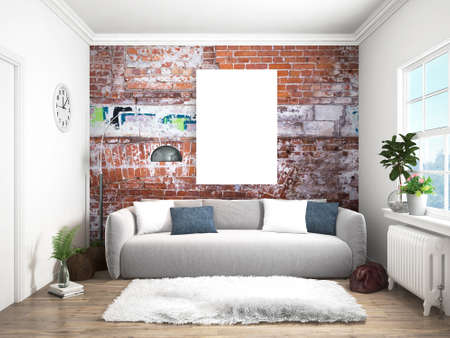 Bright interior with sofa in a modern style . 3D renderingの写真素材