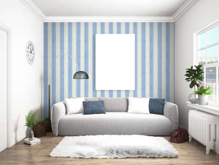 Bright interior with sofa in a modern style . 3D renderingの写真素材