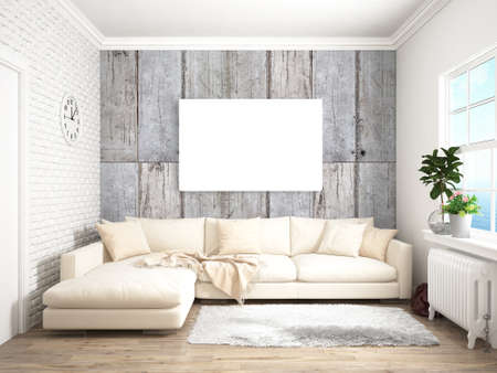 Bright interior with sofa in a modern style . 3D rendering