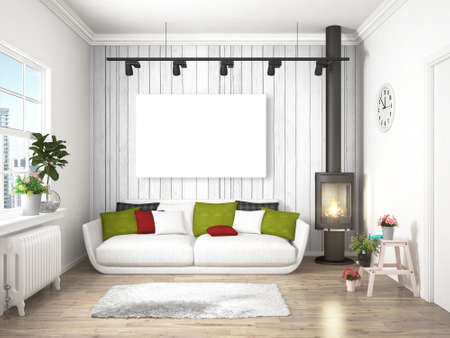 Bright interior with sofa in a modern style . 3D rendering