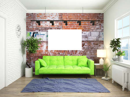 Bright interior with sofa in a modern style . 3D renderingの写真素材