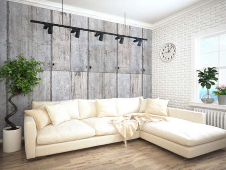 Bright interior with sofa in a modern style . 3D rendering
