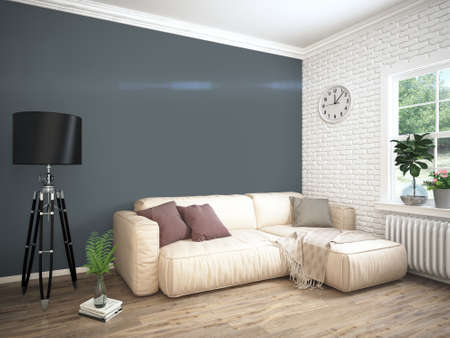 Bright interior with sofa in a modern style . 3D rendering