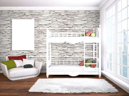 Bright interior with empty frame. 3D rendering