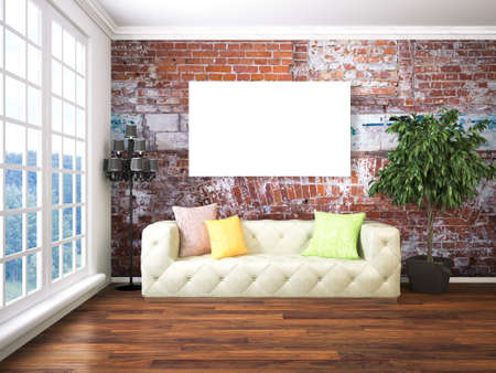 Bright interior with empty frame. 3D renderingの写真素材