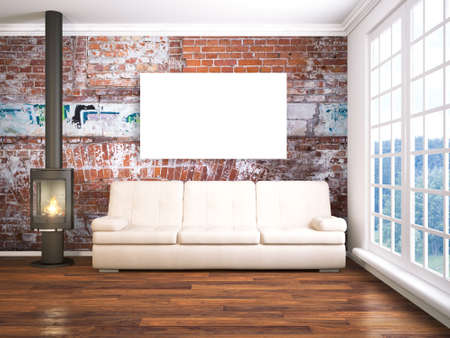 Bright interior with empty frame. 3D renderingの写真素材