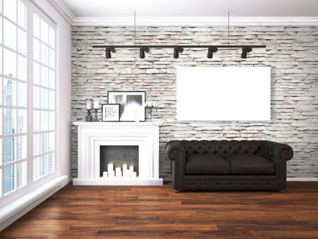 Bright interior with empty frame. 3D renderingの写真素材