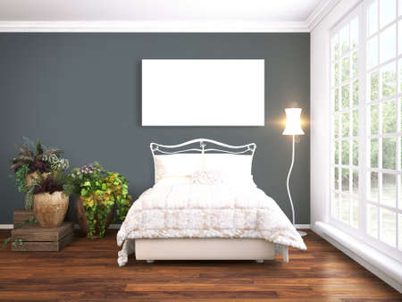 Bright interior with empty frame. 3D renderingの写真素材