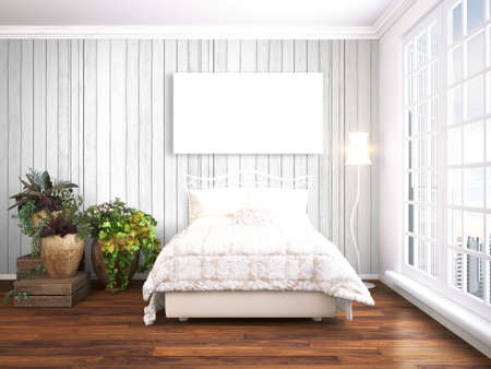 Bright interior with empty frame. 3D renderingの写真素材