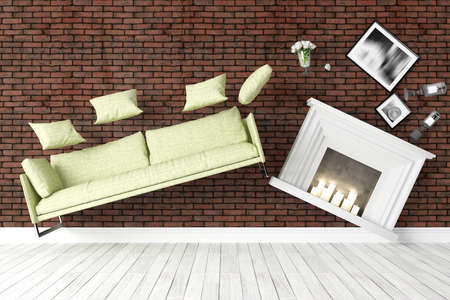 Beautiful modern interior with flying furniture. 3D rendering