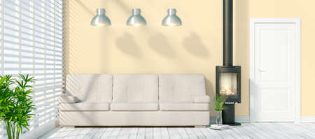 Beautiful modern interior with fireplace. 3D rendering