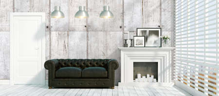 Beautiful modern interior with fireplace. 3D renderingの写真素材