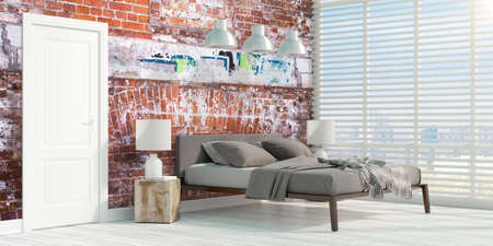Beautiful modern interior with bed. 3D renderingの写真素材