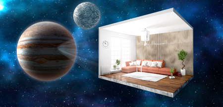 Concept interior with transparent walls in space. 3D rendering
